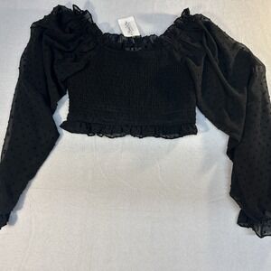Entro Smocked Off Shoulder Crop Top Long Balloon Sleeve Womens M Neck‎ Black